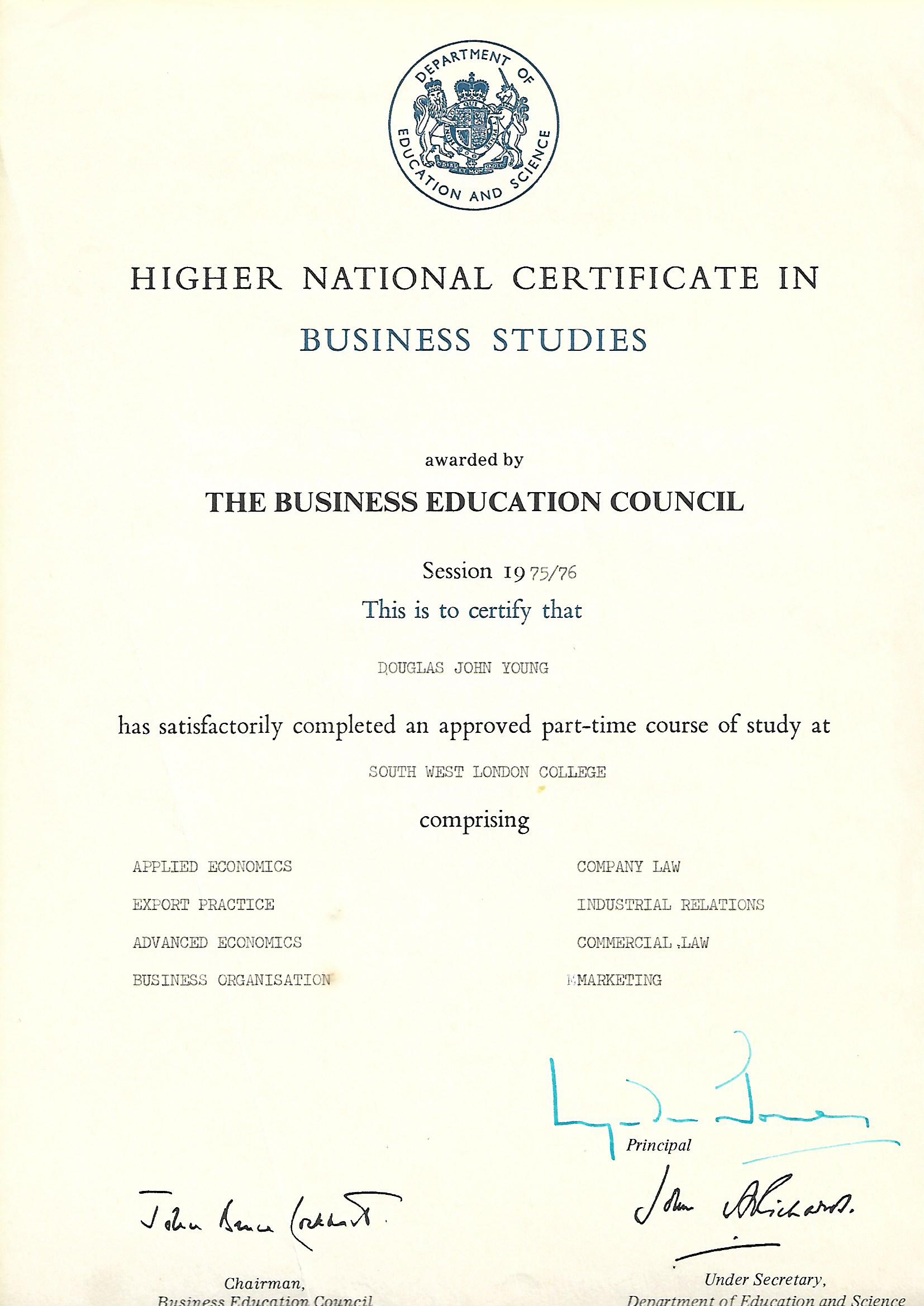 Higher National Certificate in Business Studies Certificate